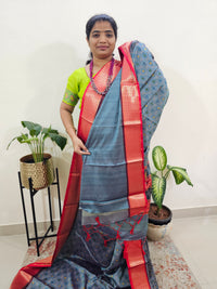 Semi Gadwal Silk Sarees with Digital Prints - Blue with Red