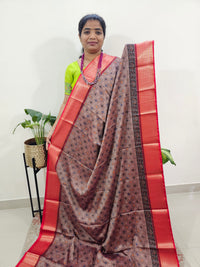 Semi Gadwal Silk Sarees with Digital Prints -Dark Beige with Red