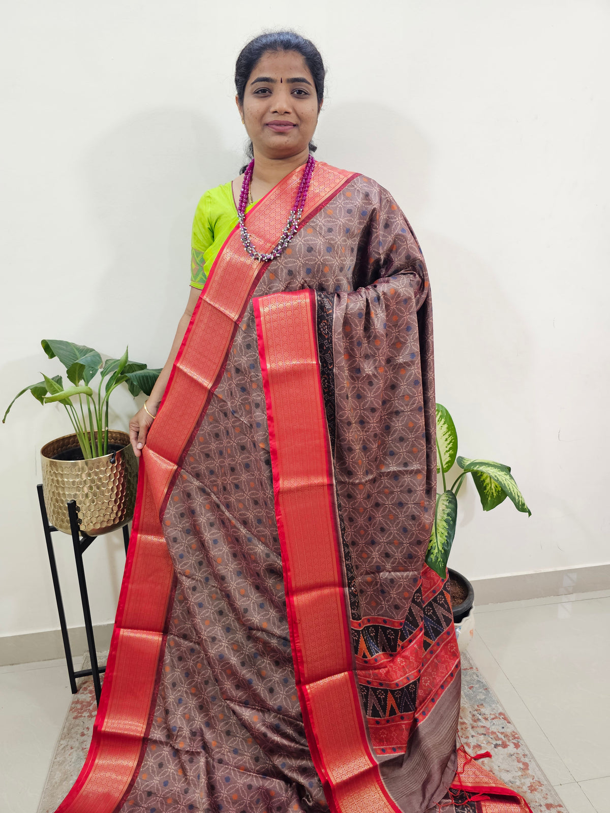 Semi Gadwal Silk Sarees with Digital Prints -Dark Beige with Red