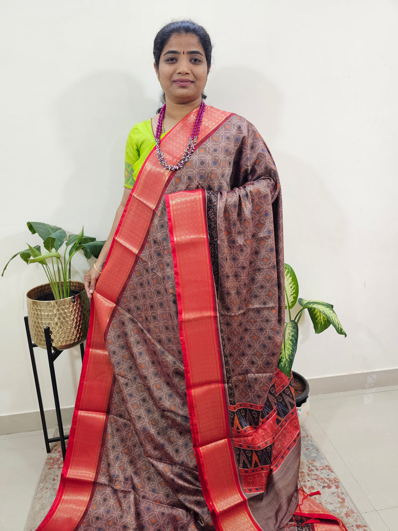 Semi Gadwal Silk Sarees with Digital Prints -Dark Beige with Red