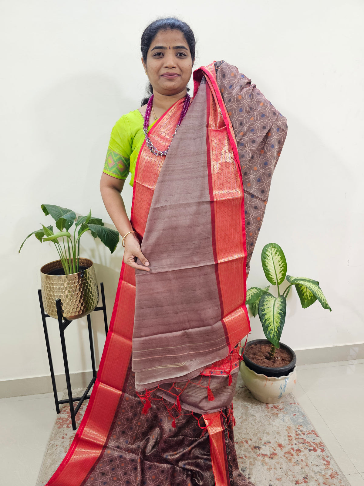 Semi Gadwal Silk Sarees with Digital Prints -Dark Beige with Red