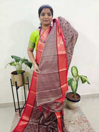 Semi Gadwal Silk Sarees with Digital Prints -Dark Beige with Red