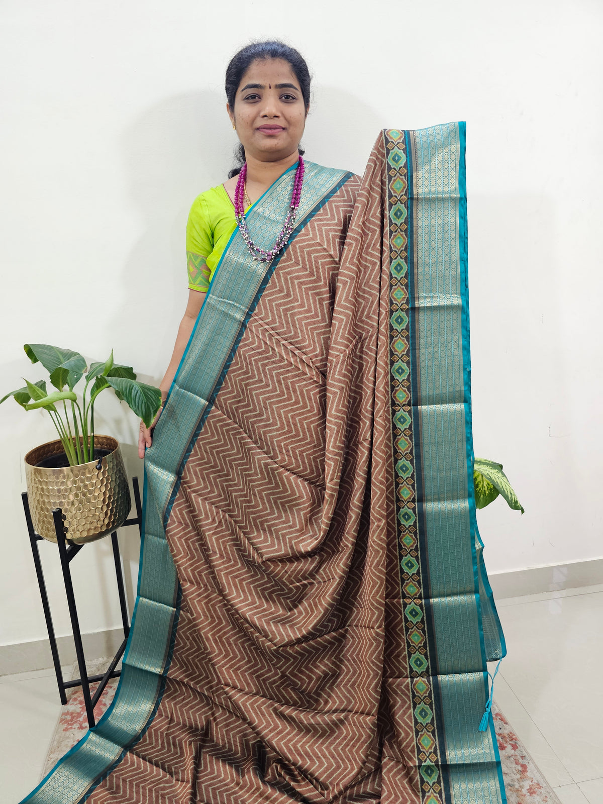 Semi Gadwal Silk Sarees with Digital Prints- Brown with Sea Green