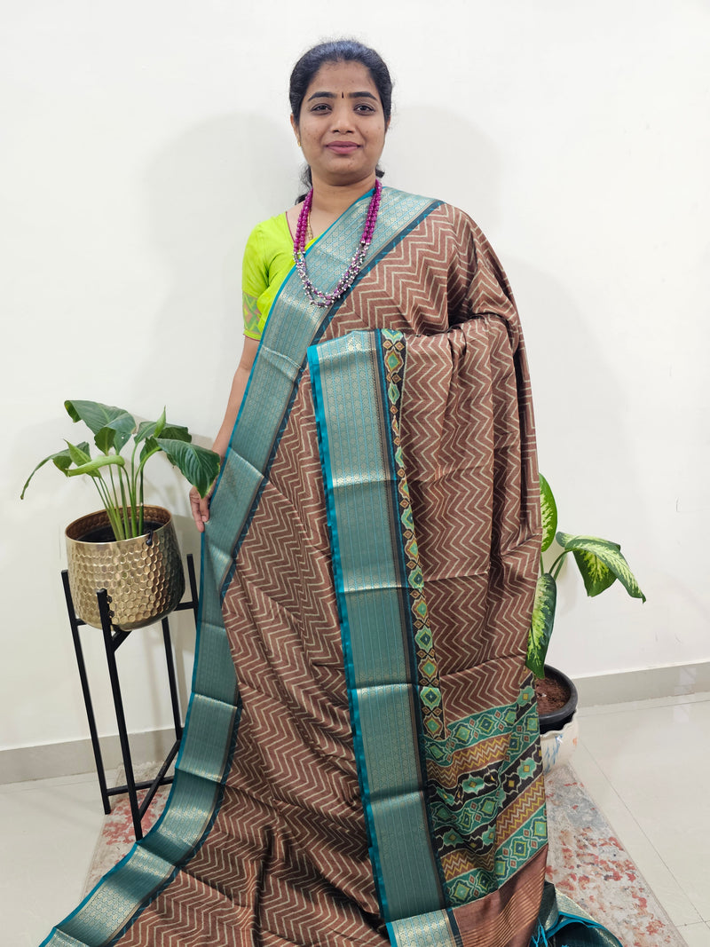 Semi Gadwal Silk Sarees with Digital Prints- Brown with Sea Green