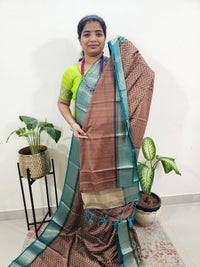 Semi Gadwal Silk Sarees with Digital Prints- Brown with Sea Green