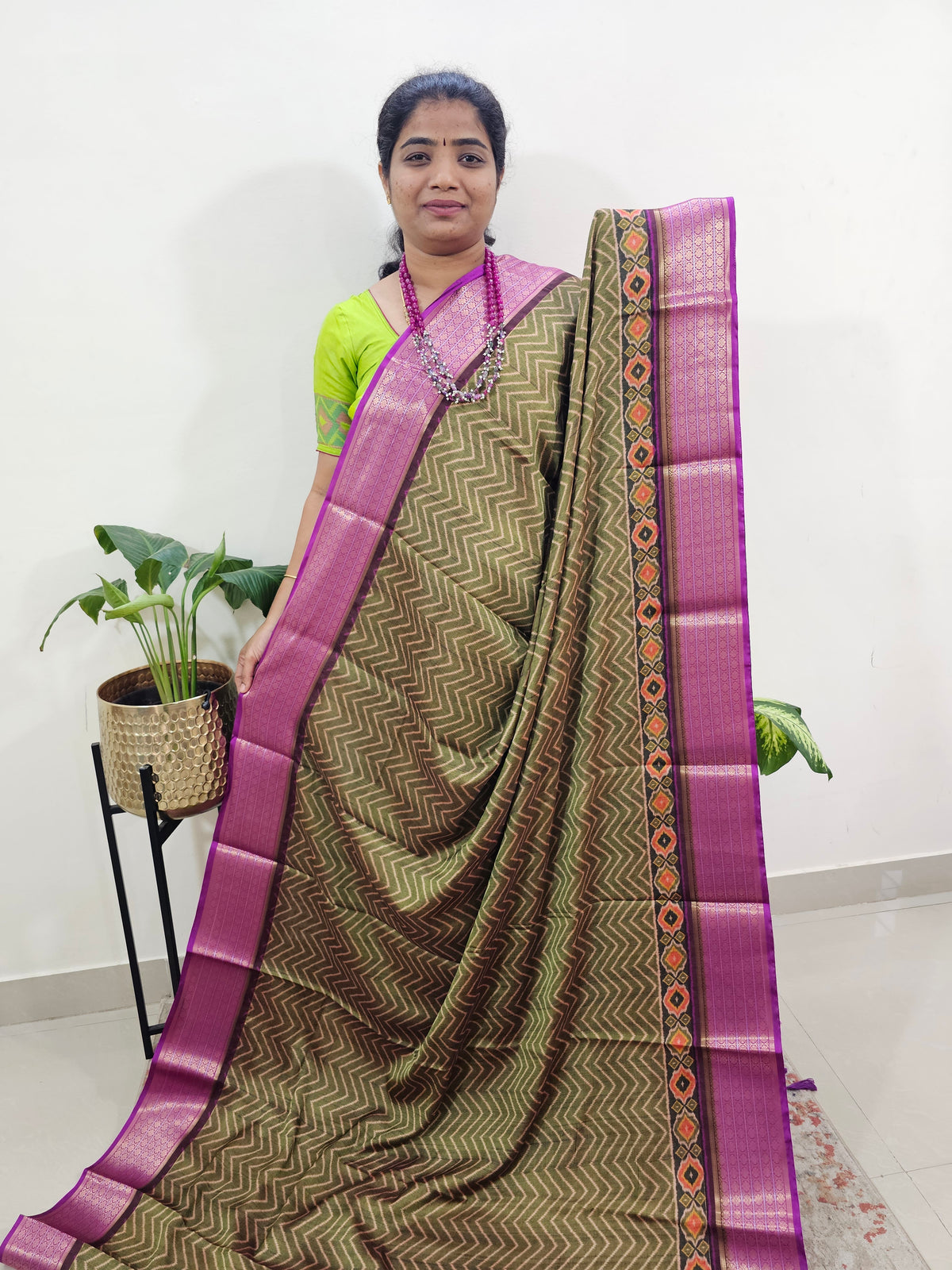 Semi Gadwal Silk Sarees with Digital Prints - Green with Purple