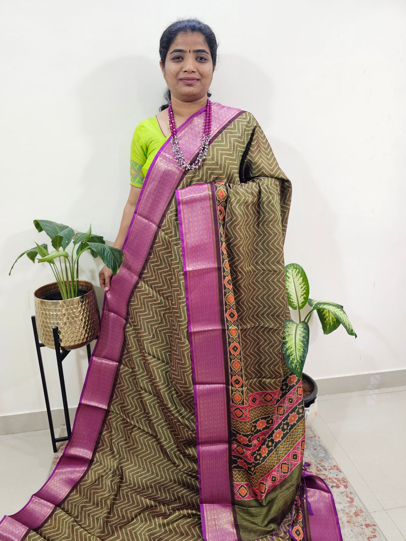 Semi Gadwal Silk Sarees with Digital Prints - Green with Purple