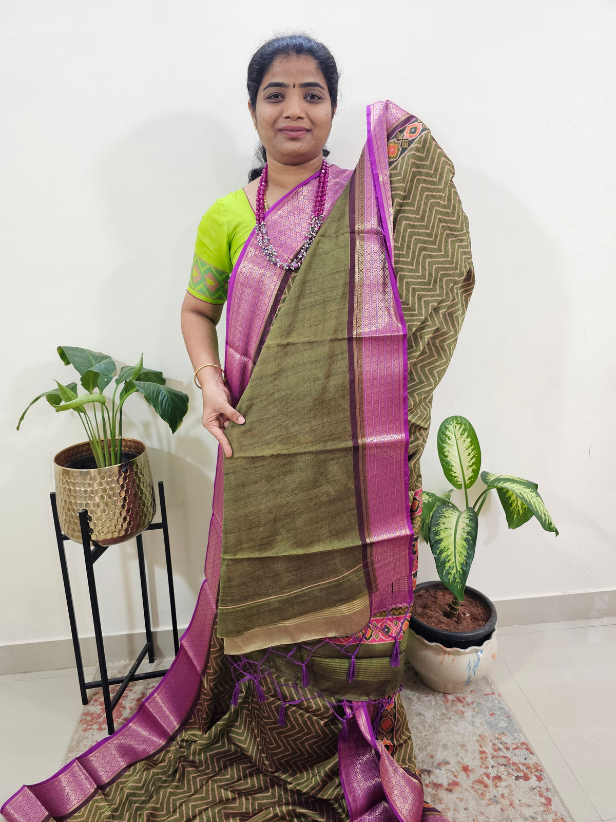 Semi Gadwal Silk Sarees with Digital Prints - Green with Purple
