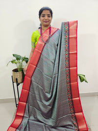 Semi Gadwal Silk Sarees with Digital Prints - Blue with Red
