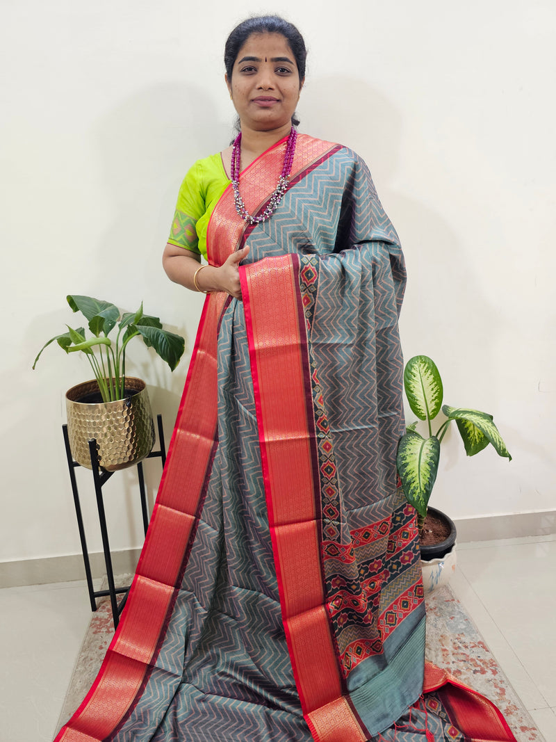 Semi Gadwal Silk Sarees with Digital Prints - Blue with Red