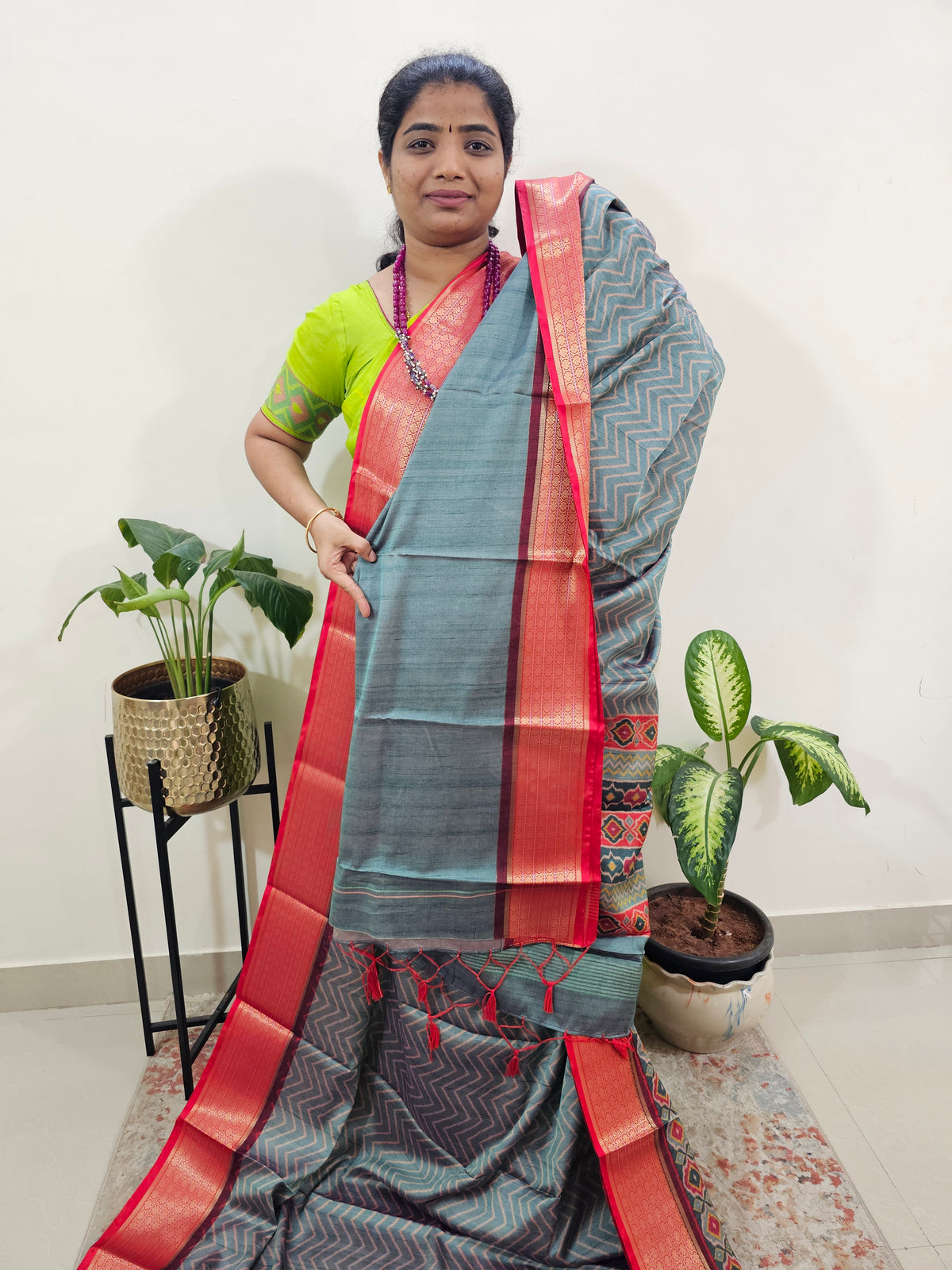 Semi Gadwal Silk Sarees with Digital Prints - Blue with Red