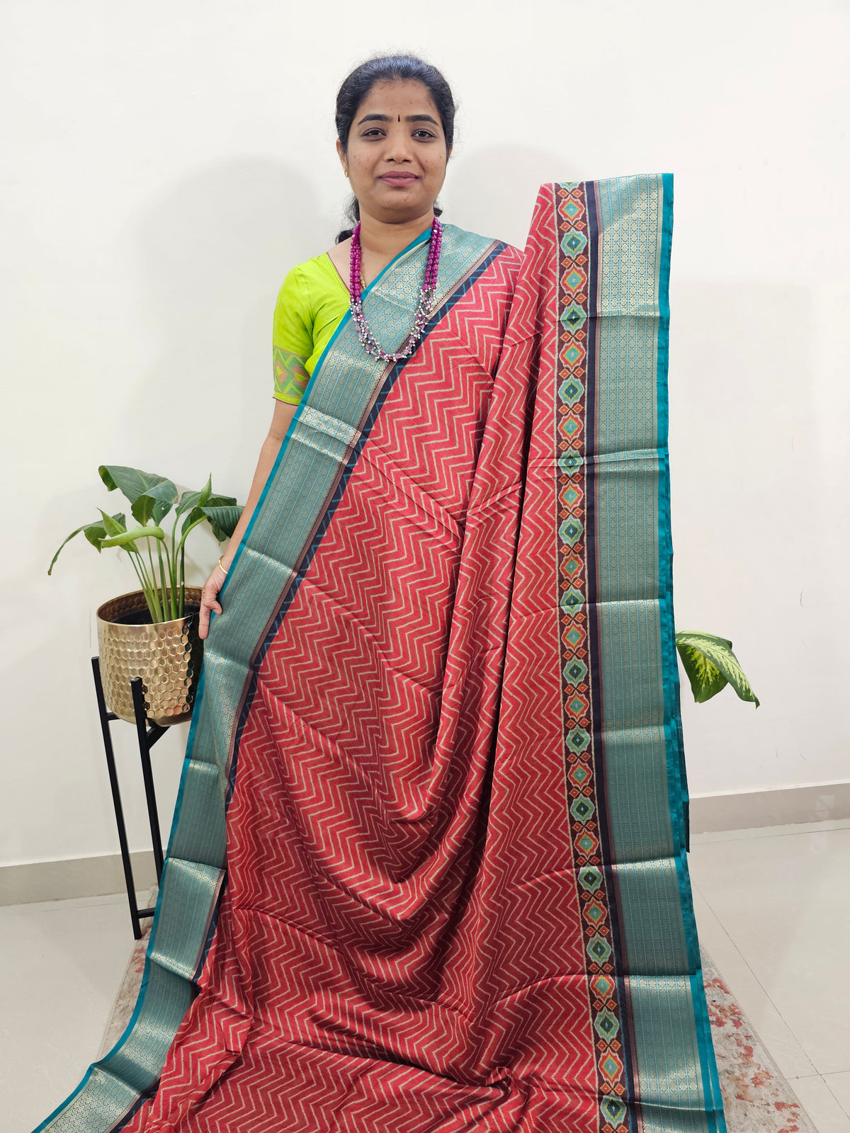 Semi Gadwal Silk Sarees with Digital Prints-Red with Sea Green