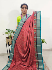 Semi Gadwal Silk Sarees with Digital Prints-Red with Sea Green