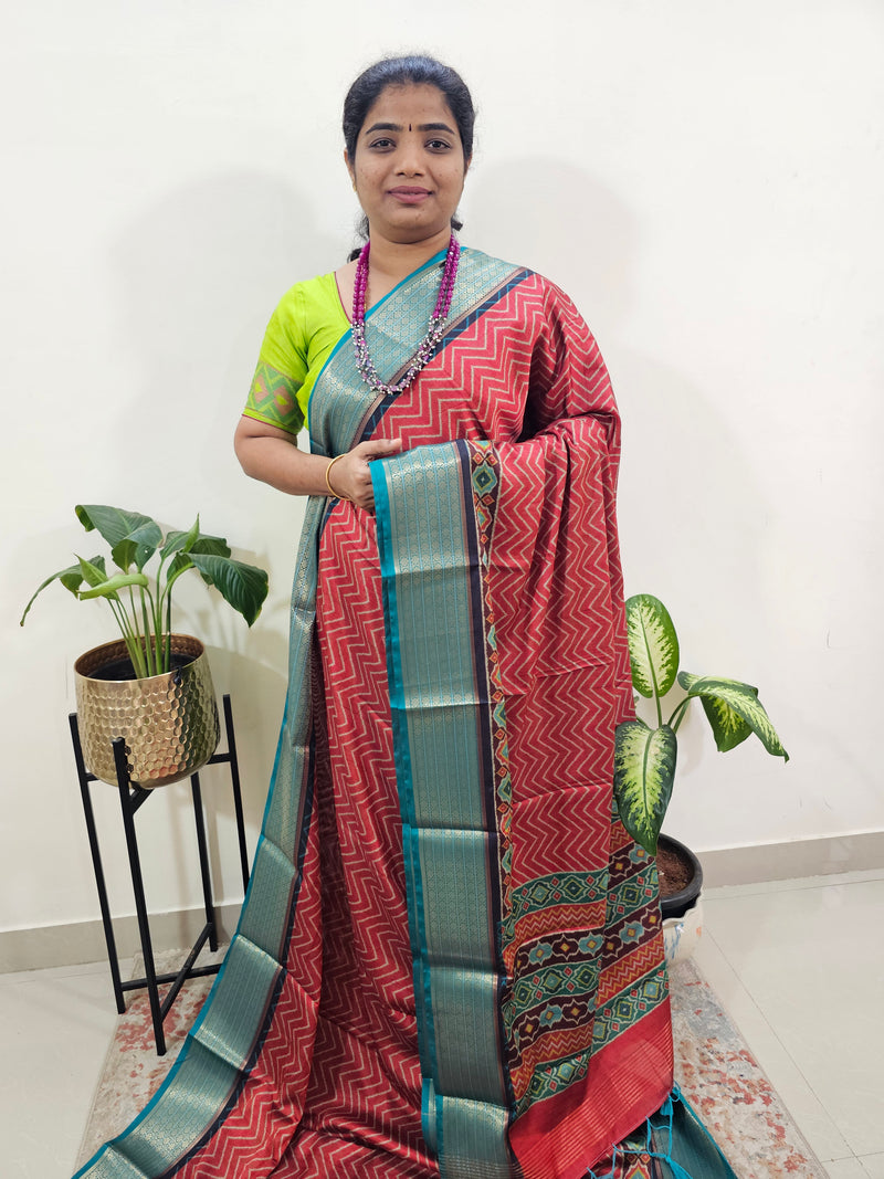 Semi Gadwal Silk Sarees with Digital Prints-Red with Sea Green