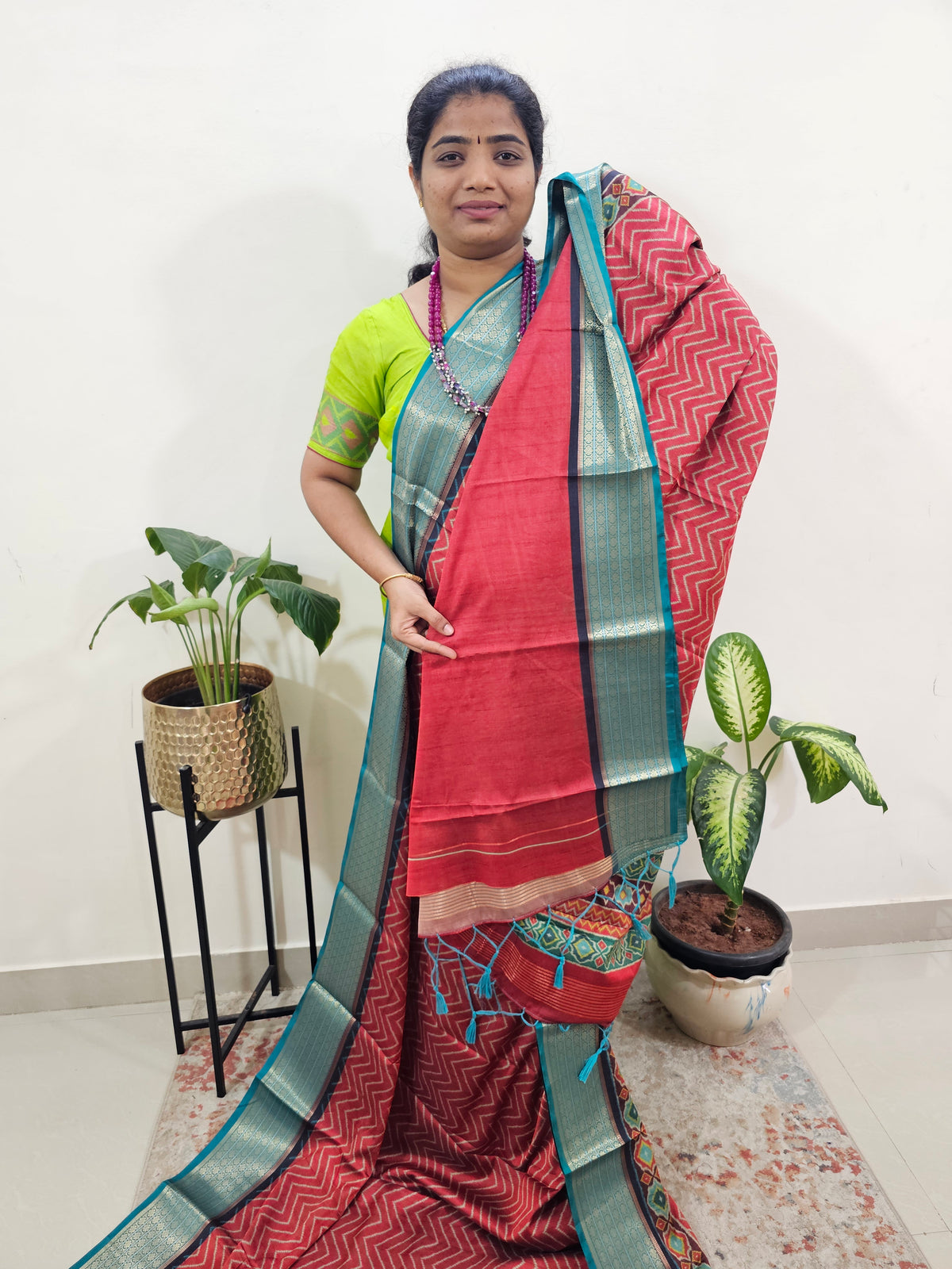 Semi Gadwal Silk Sarees with Digital Prints-Red with Sea Green