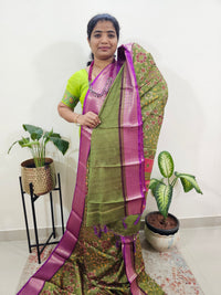 Semi Gadwal Silk Sarees with Digital Prints Green with Purple