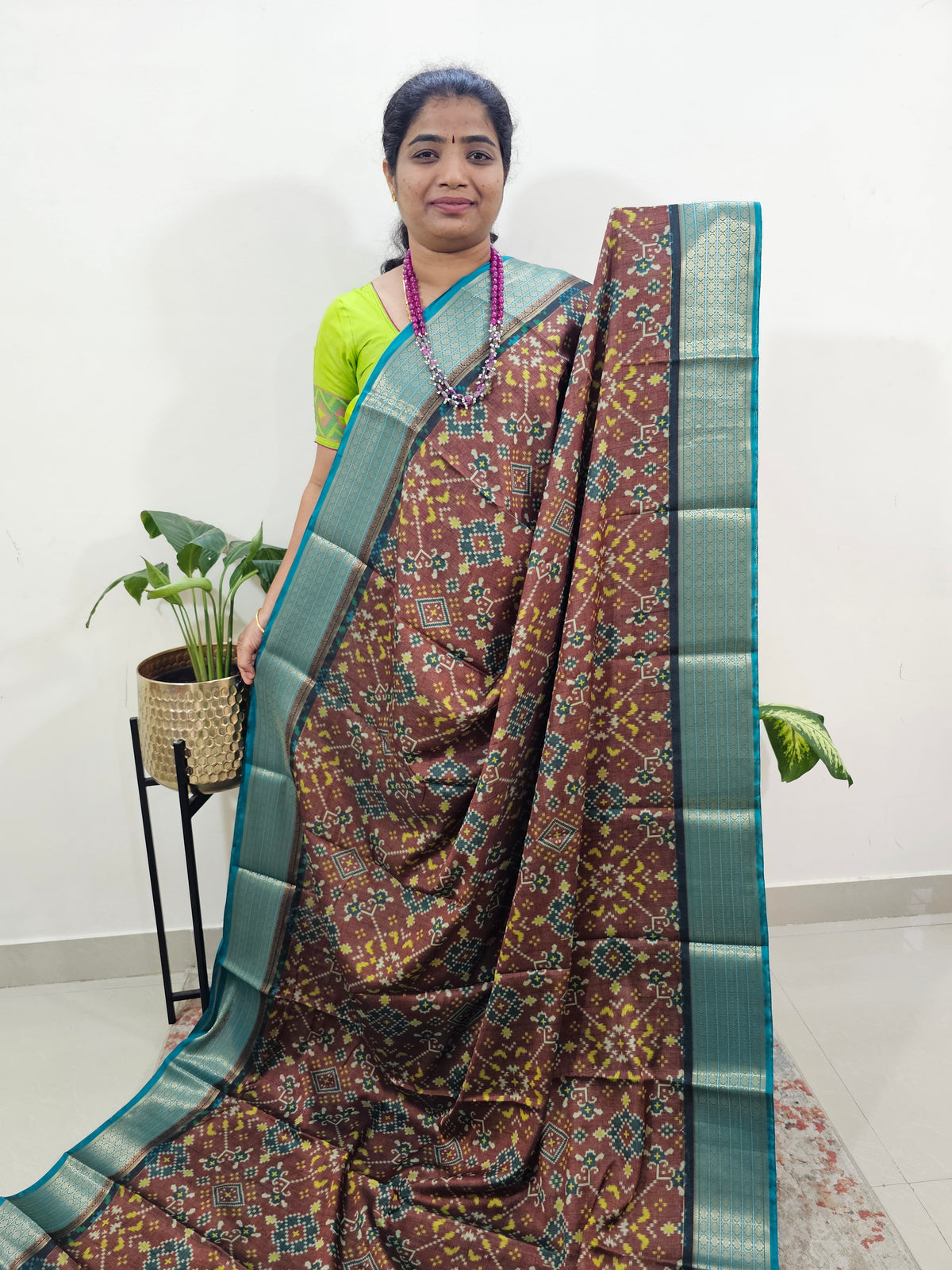 Semi Gadwal Silk Sarees with Digital Prints Brown with Sea Green