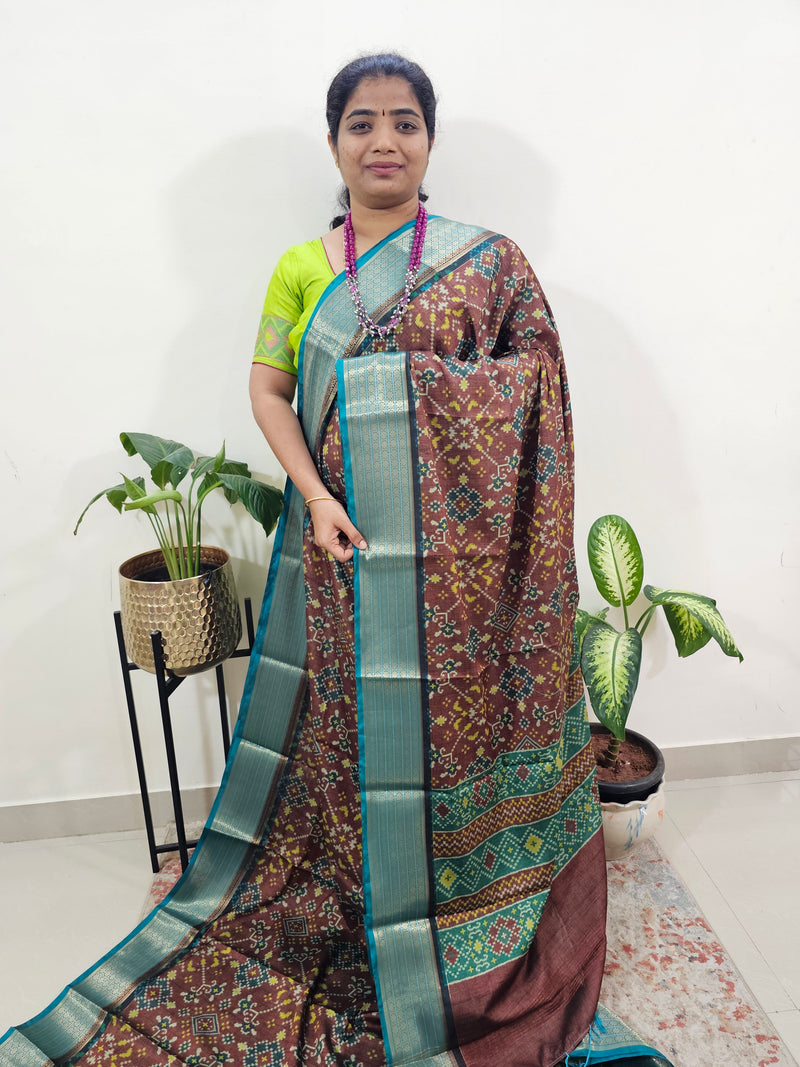 Semi Gadwal Silk Sarees with Digital Prints Brown with Sea Green