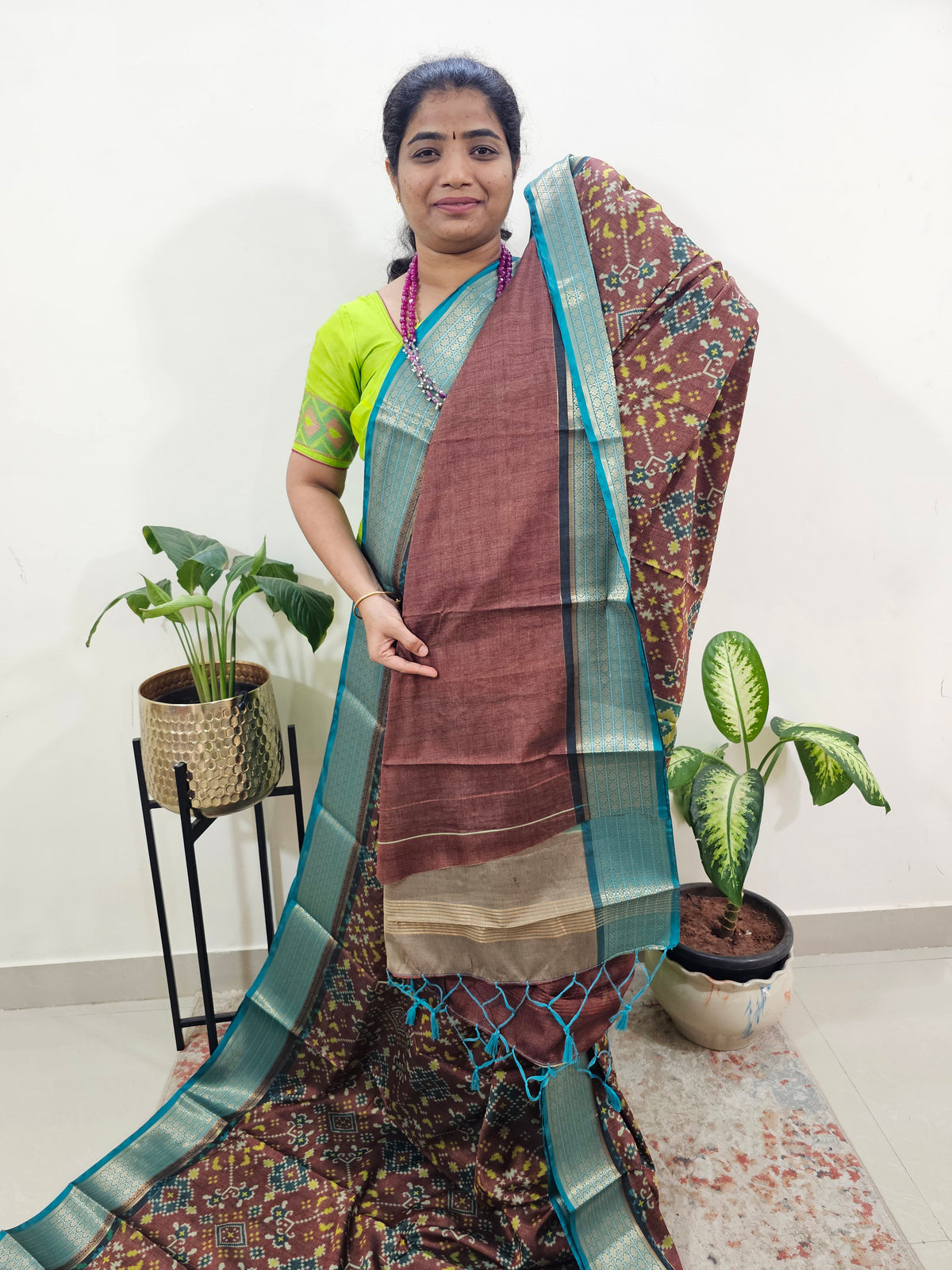 Semi Gadwal Silk Sarees with Digital Prints Brown with Sea Green