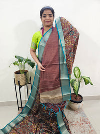 Semi Gadwal Silk Sarees with Digital Prints Brown with Sea Green