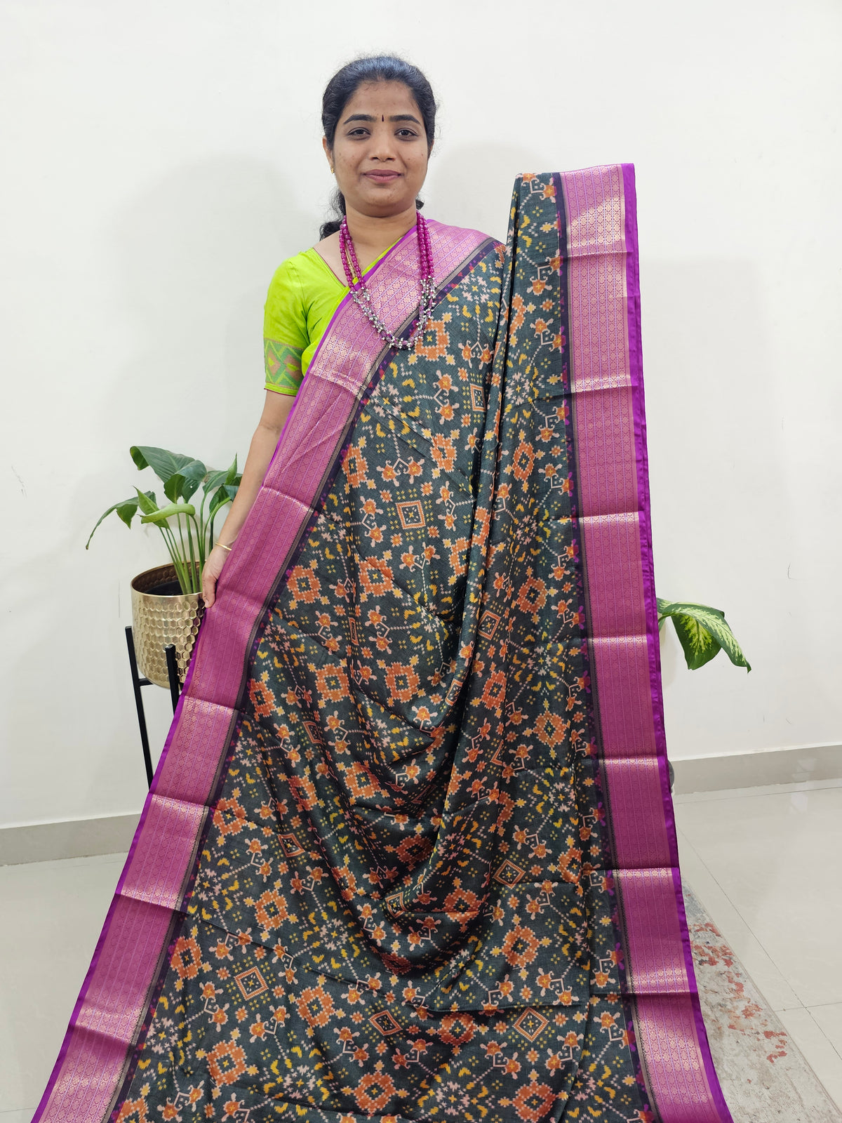 Semi Gadwal Silk Sarees with Digital Prints -Dark Green with Purple