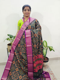Semi Gadwal Silk Sarees with Digital Prints -Dark Green with Purple
