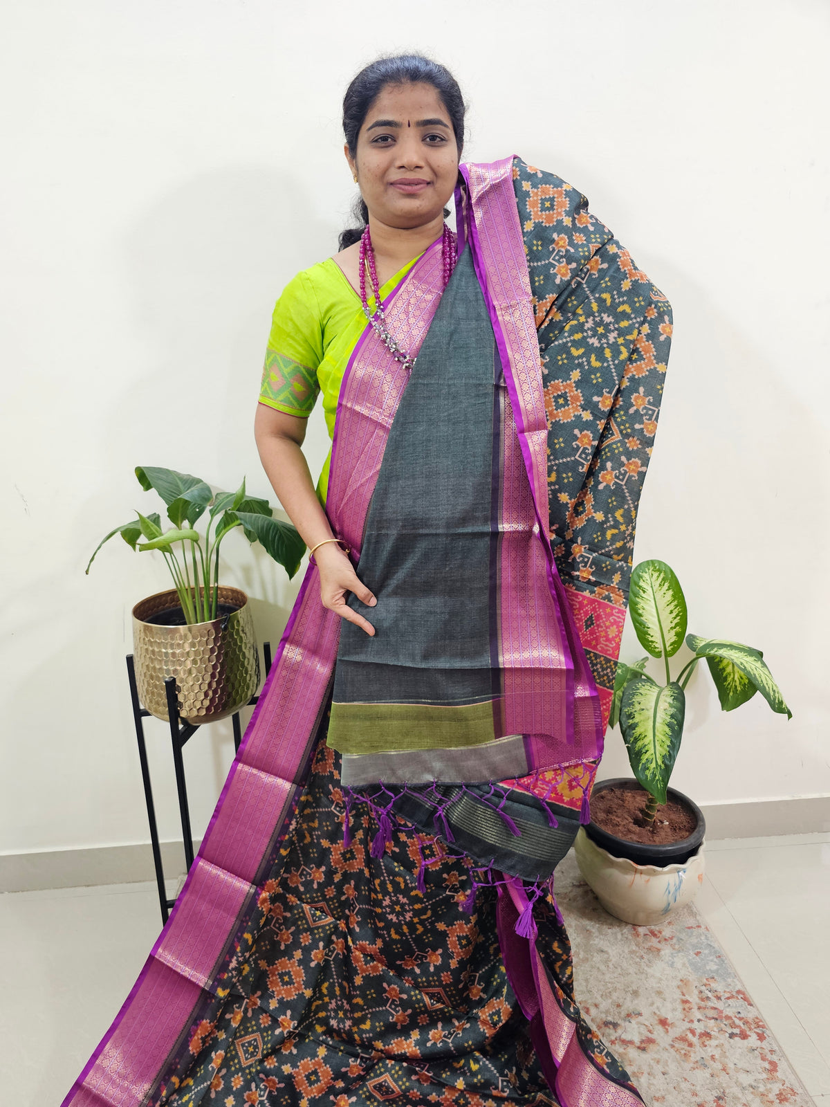 Semi Gadwal Silk Sarees with Digital Prints -Dark Green with Purple