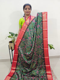 Semi Gadwal Silk Sarees with Digital Prints-Green with Red