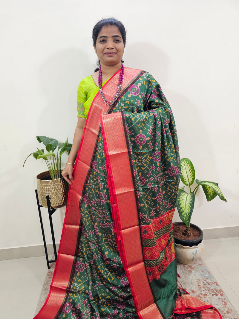 Semi Gadwal Silk Sarees with Digital Prints-Green with Red