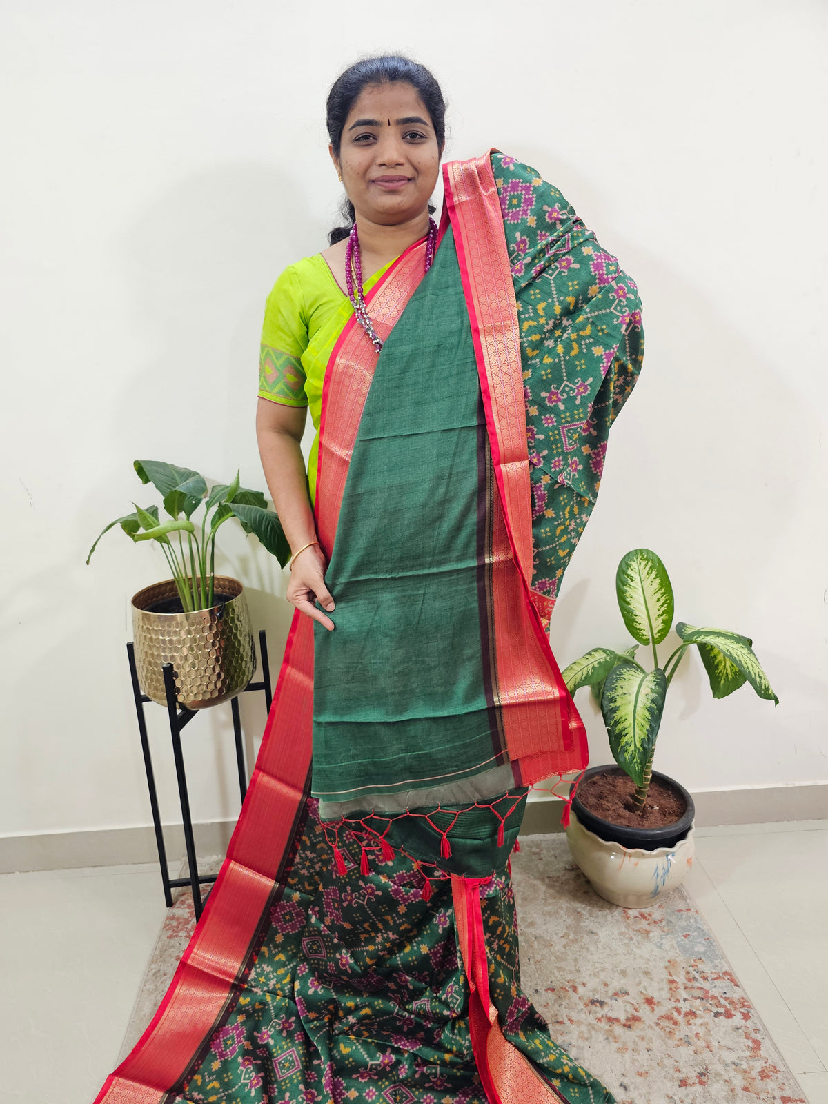 Semi Gadwal Silk Sarees with Digital Prints-Green with Red