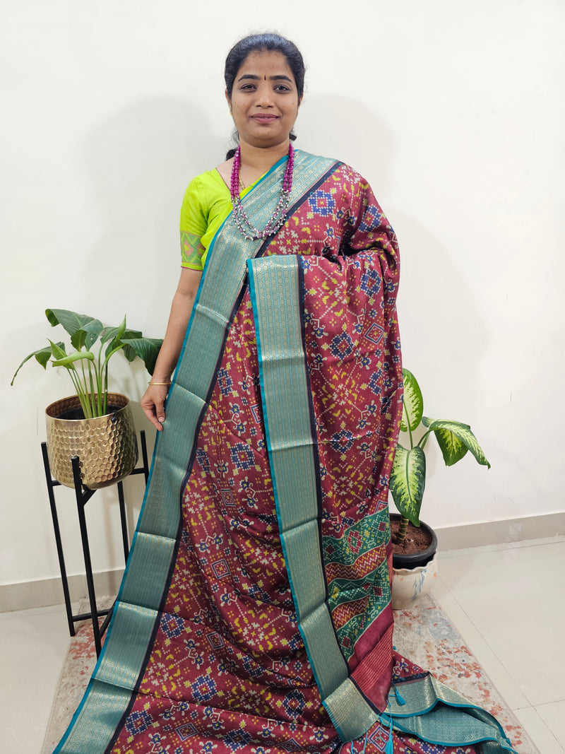 Semi Gadwal Silk Sarees with Digital Prints -Maroon with Sea Green