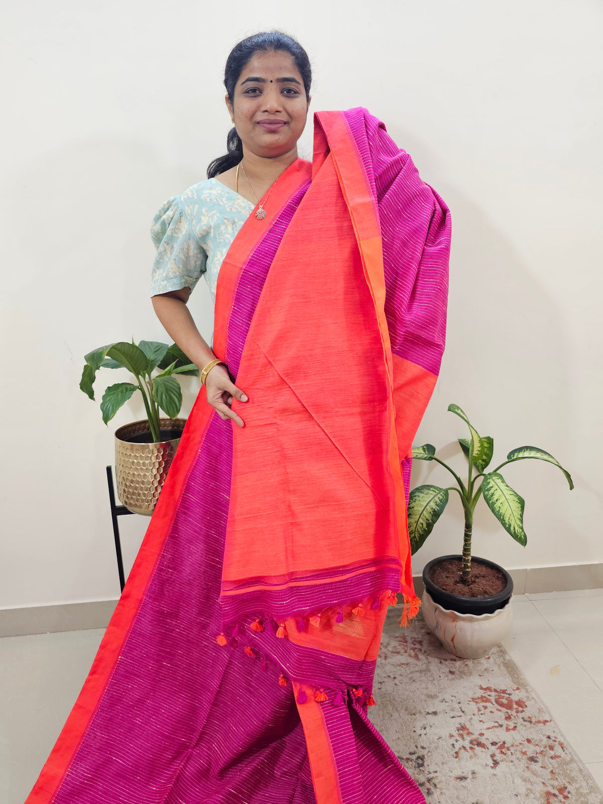 Ghicha Cotton Thread Weaving Saree - Pink with Orange