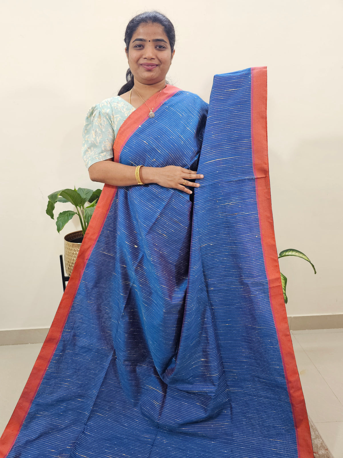 Ghicha Sequence Cotton Thread Weaving Saree - Peacock Blue with Pink