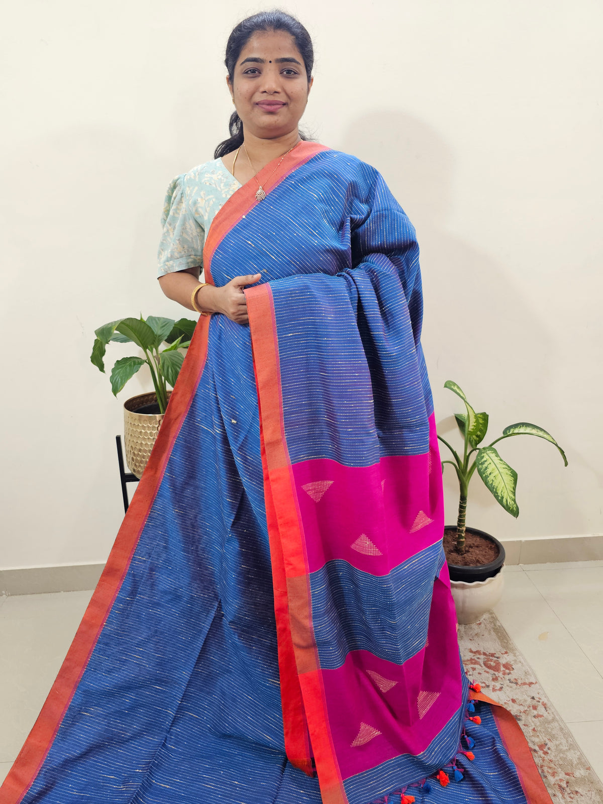 Ghicha Sequence Cotton Thread Weaving Saree - Peacock Blue with Pink