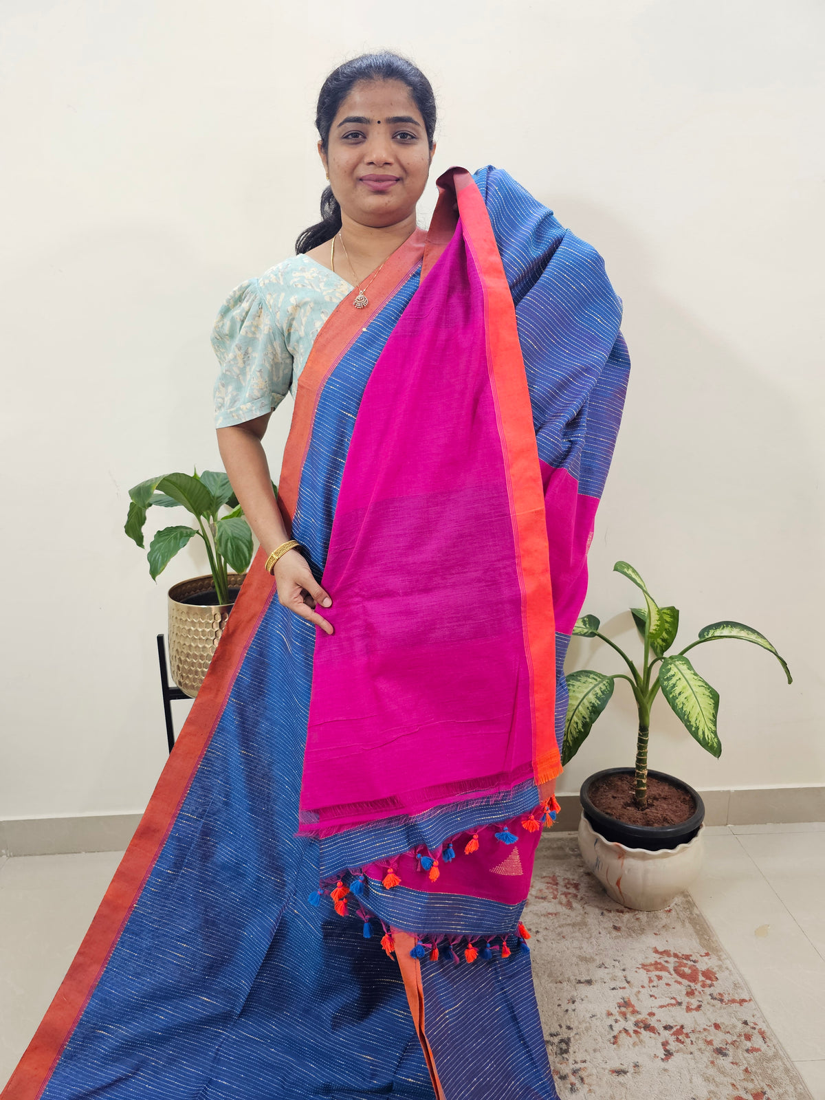 Ghicha Sequence Cotton Thread Weaving Saree - Peacock Blue with Pink