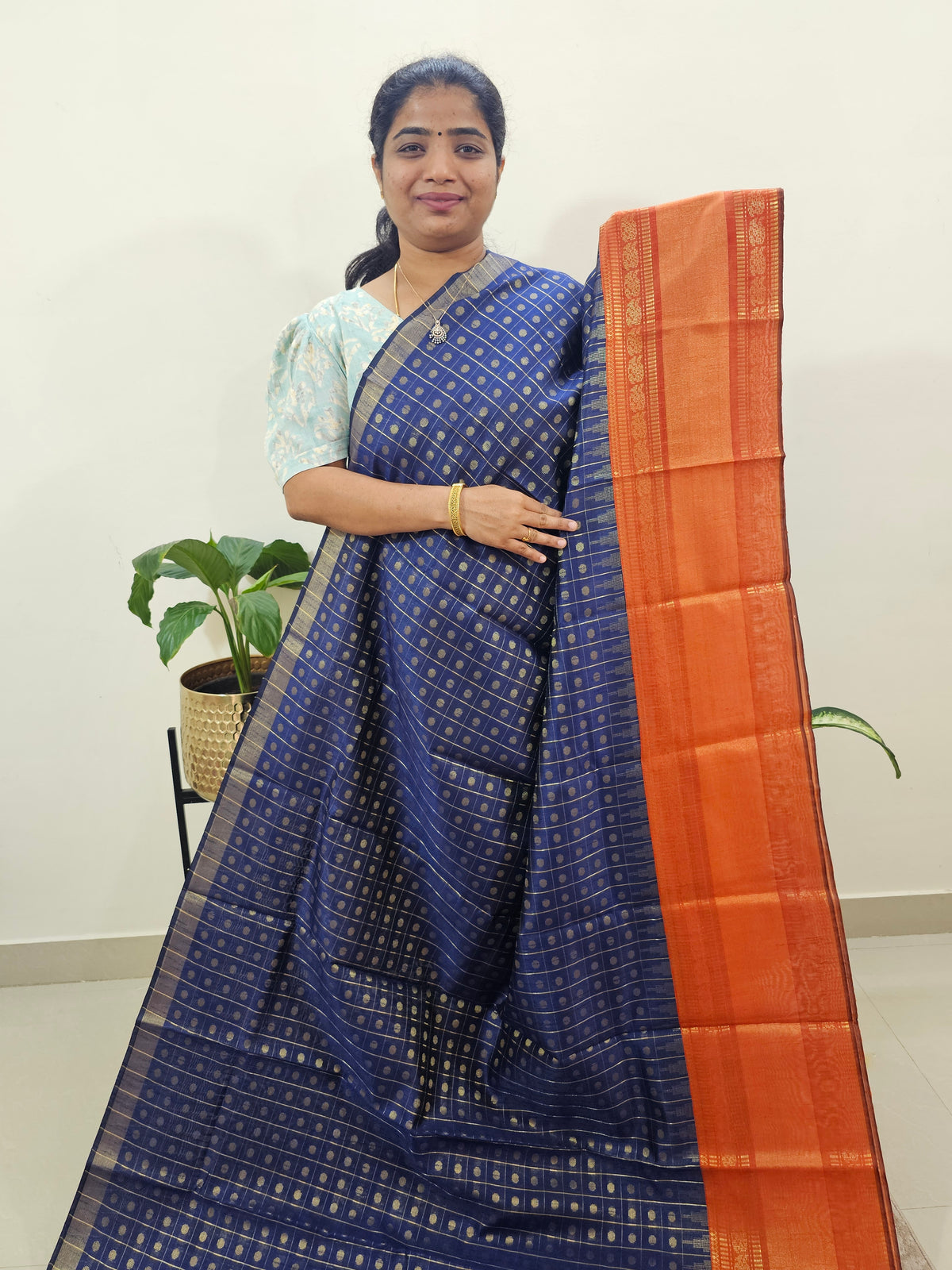 Semi Raw Silk Saree - Blue with Orange