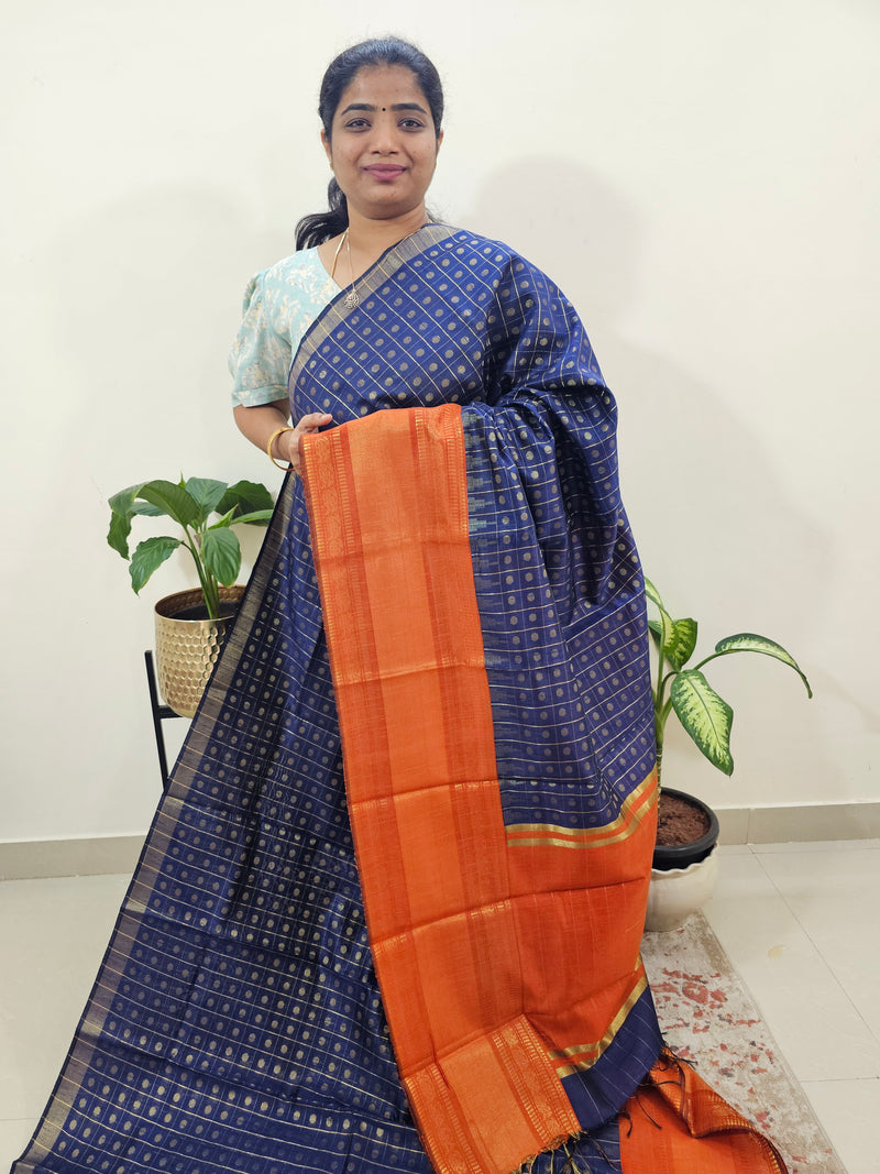 Semi Raw Silk Saree - Blue with Orange