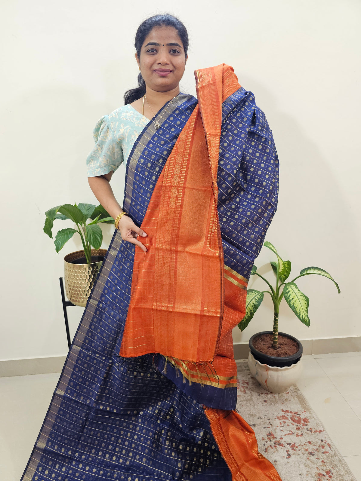 Semi Raw Silk Saree - Blue with Orange