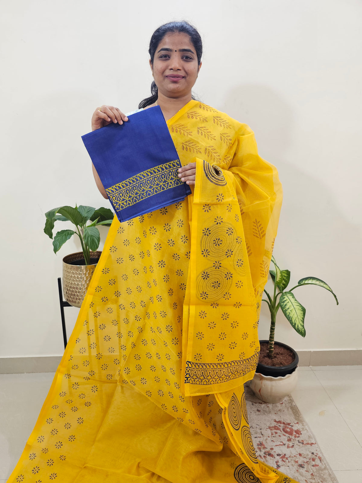 Semi Super Net Kota Saree - Yellow with Blue