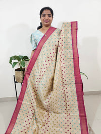 Soft Semi Tussar Weaving with Soft Zari Border - Cream with Pink