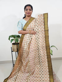 Soft Semi Tussar Weaving with Soft Zari Border - Cream with Mehndi Green