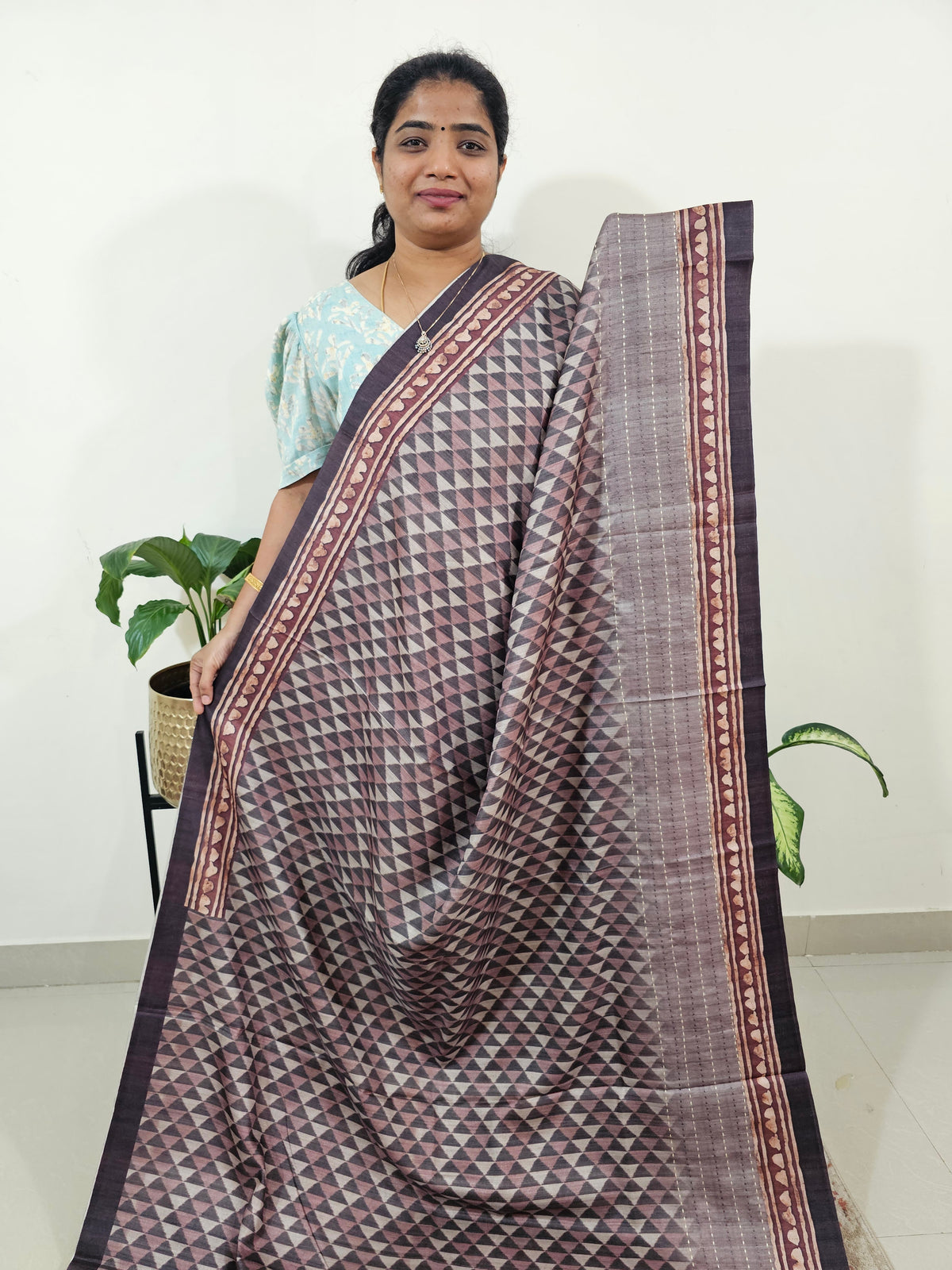 Casual Semi Tussar Digital Prints with Kantha Work - Dark Purple