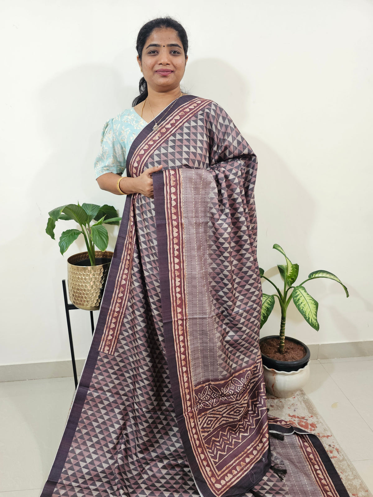 Casual Semi Tussar Digital Prints with Kantha Work - Dark Purple