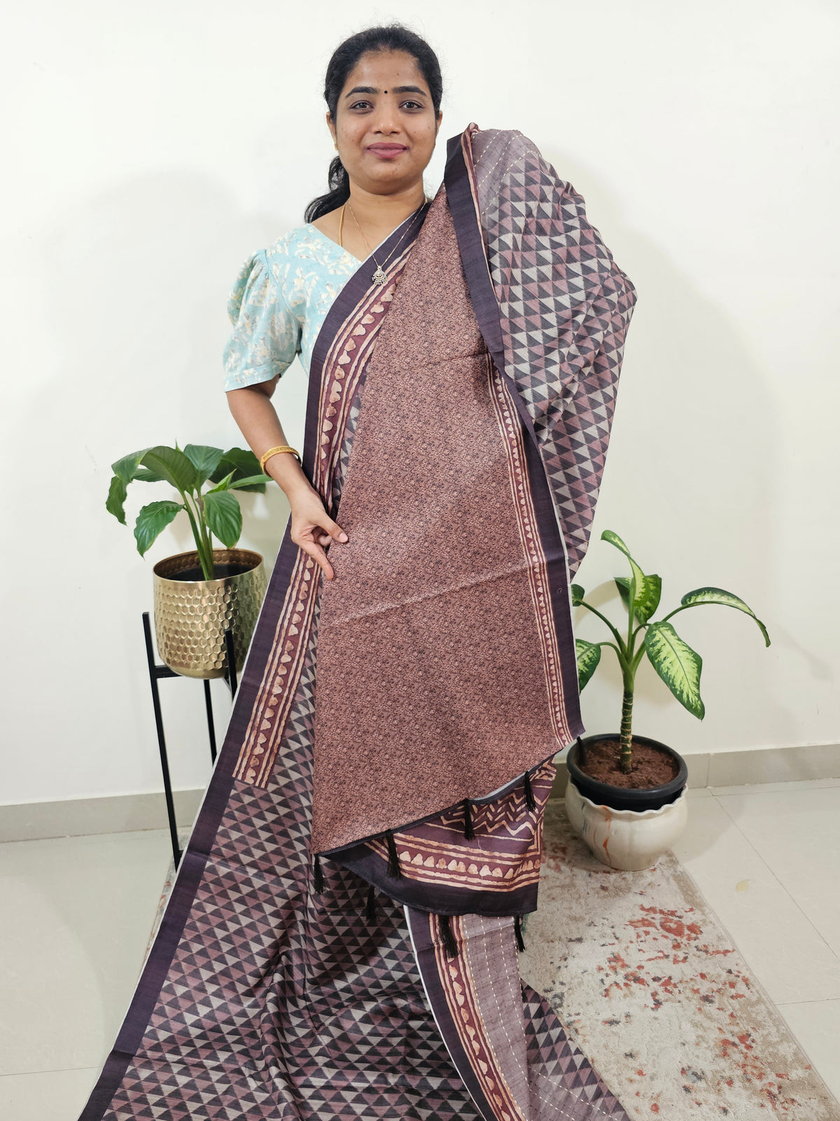 Casual Semi Tussar Digital Prints with Kantha Work - Dark Purple