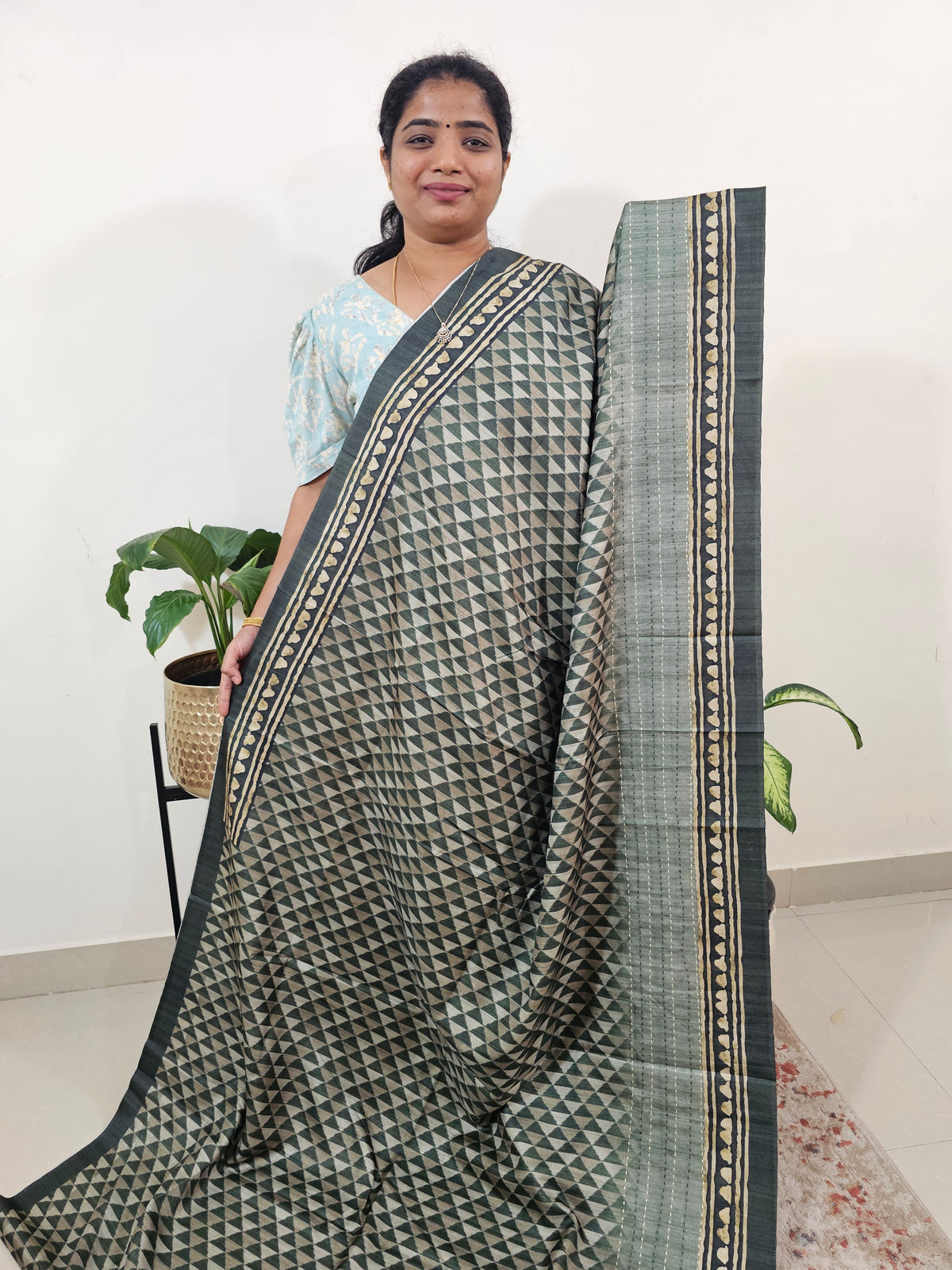 Casual Semi Tussar Digital Prints with Kantha Work - Green