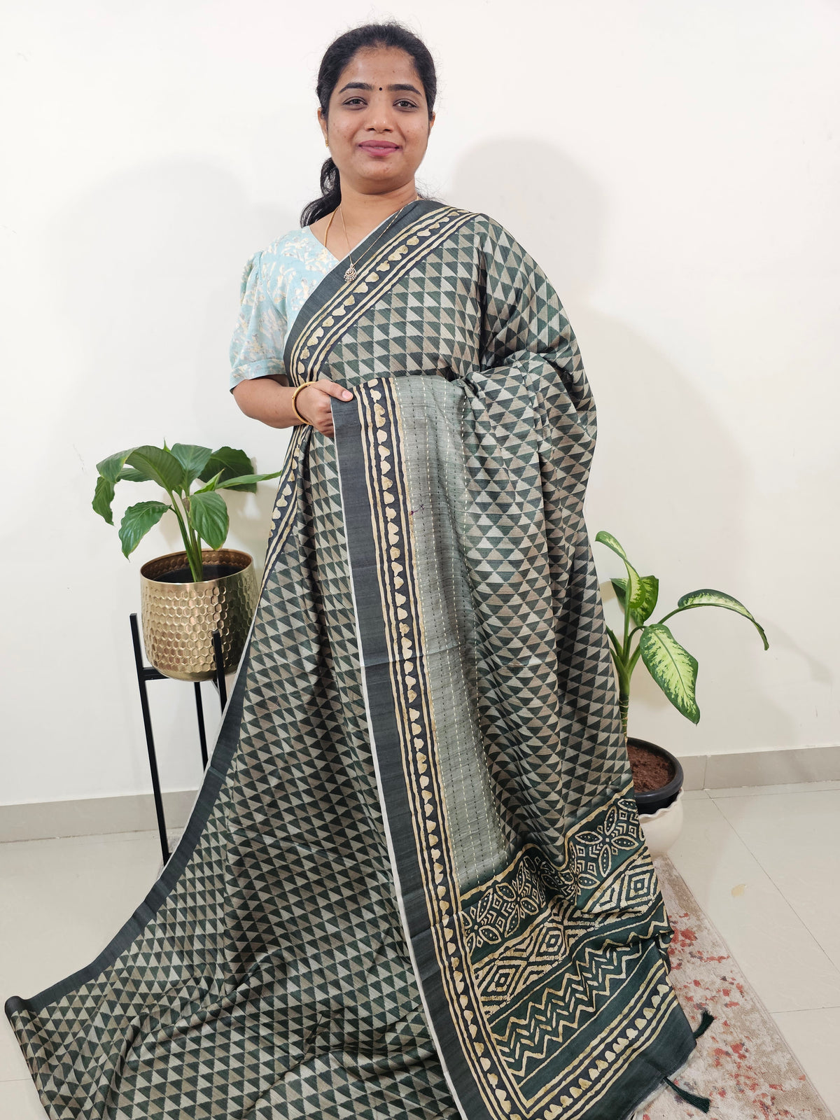 Casual Semi Tussar Digital Prints with Kantha Work - Green