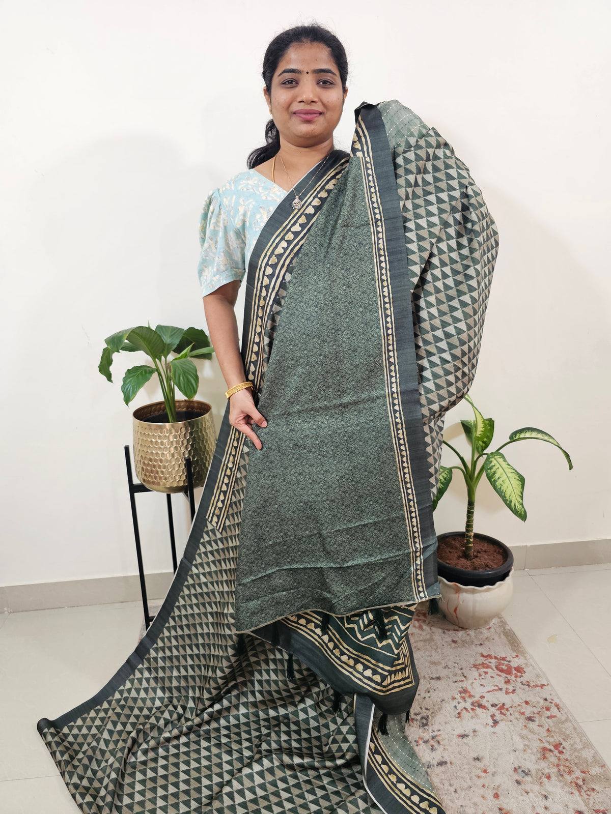 Casual Semi Tussar Digital Prints with Kantha Work - Green