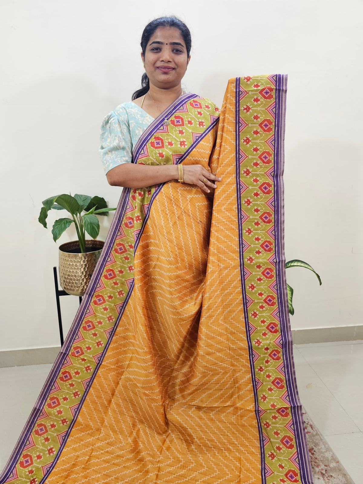 Semi Ghicha Digital Printed Saree - Yellow with Purple