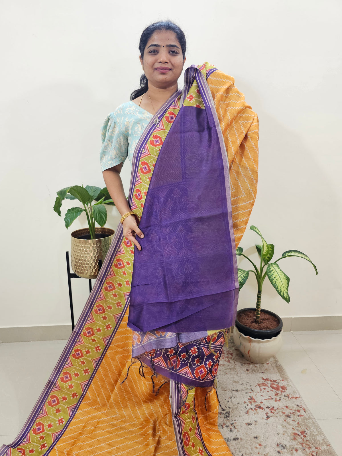 Semi Ghicha Digital Printed Saree - Yellow with Purple