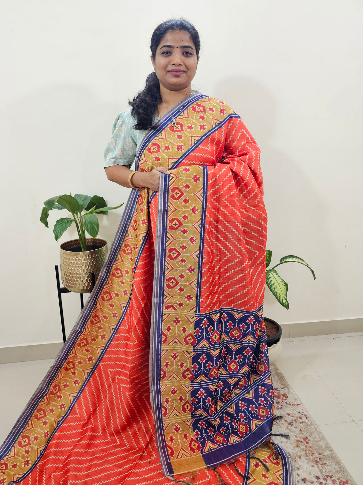 Semi Ghicha Digital Printed Saree - Orange with Violet